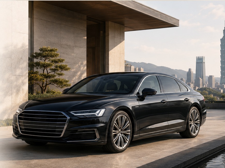 秒收品牌主視覺：自然光下的高階車輛與現代建築空間（示意圖像，非實際成交案例）